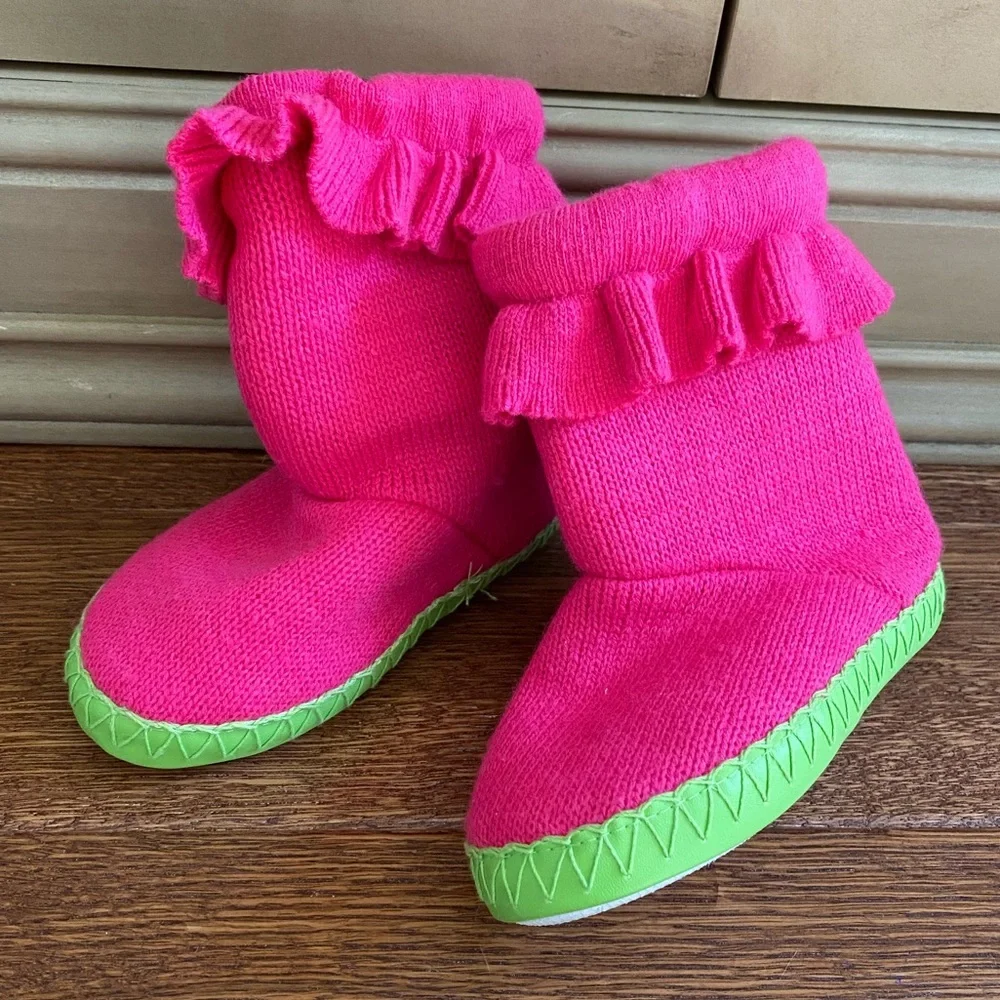 American Girl Hot Pink Knit Ruffle Slippers with Lime Trim